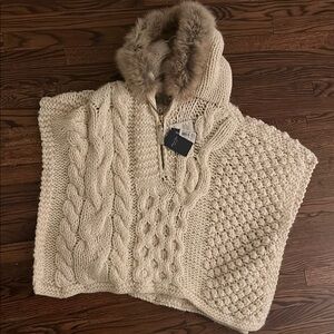 Cozy Beige Cable Knit Sweater with Faux Fur Hood